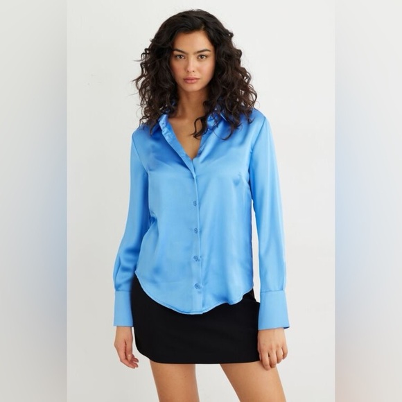 Dynamite Tops - Dynamite Light Blue Satin Button-Down Shirt